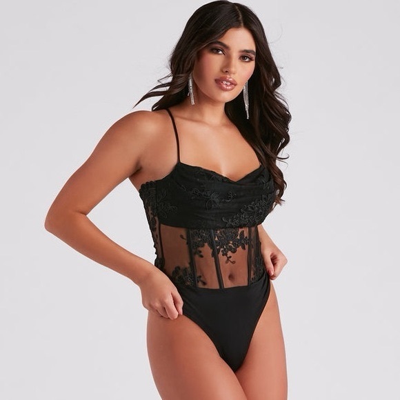 Windsor Tops - Windsor In Love With Lace Mesh Bodysuit Black M